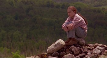 Movie still from “Fly Away Home” (1996), directed by Carroll Ballard – A young girl sitting on a pile of rocks; Medium shot, Low angle