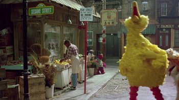 Movie still from “Follow That Bird” (1985), directed by Ken Kwapis – A man standing in front of a fruit stand; Wide shot, Over the shoulder angle