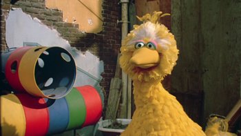 Movie still from “Follow That Bird” (1985), directed by Ken Kwapis – A big yellow bird is standing next to a colorful ball; Medium shot, Low angle
