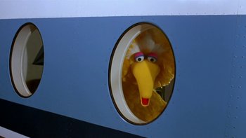 Movie still from “Follow That Bird” (1985), directed by Ken Kwapis – A big bird looking out of an airplane porthole window; Medium shot, Low angle