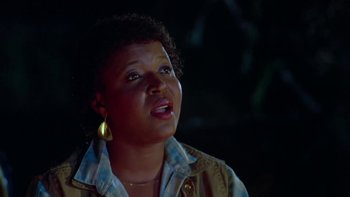 Movie still from “Follow That Bird” (1985), directed by Ken Kwapis – A woman is looking up in the dark; Close Up shot, Low angle
