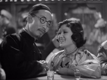 Movie still from “Footlight Parade” (1933), directed by Lloyd Bacon – An older man and woman sitting at a table with drinks; Medium shot, Low angle