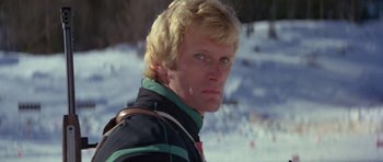 Movie still from “For Your Eyes Only” (1981), directed by John Glen – A person wearing a ski jacket; Close Up shot, Low angle