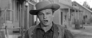 Movie still from “Forty Guns” (1957), directed by Samuel Fuller – A black and white photo of a man wearing a cowboy hat; Close Up shot, Low angle