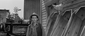 Movie still from “Forty Guns” (1957), directed by Samuel Fuller – A man standing in front of a building next to chickens; Medium shot, Low angle
