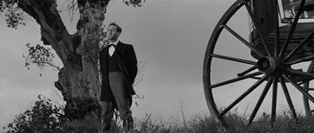 Movie still from “Forty Guns” (1957), directed by Samuel Fuller – A black and white photo of a man standing next to a tree; Wide shot, Low angle