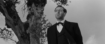 Movie still from “Forty Guns” (1957), directed by Samuel Fuller – A man wearing a suit and tie standing next to a tree; Medium shot, Low angle