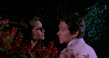 Movie still from “Four Times That Night” (1971), directed by Mario Bava – A man and a woman standing next to each other in a field of flowers; Close Up shot, High angle