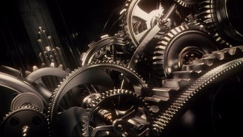 Movie still from “Frailty” (2001), directed by Bill Paxton – View of a bunch of metal gears; Extreme Close Up shot, Overhead angle