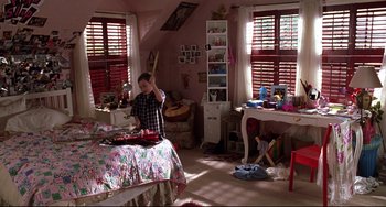 Movie still from “Freaky Friday” (2003), directed by Mark Waters – A young boy in a room with a bed , desk , chair , and window; Wide shot, High angle