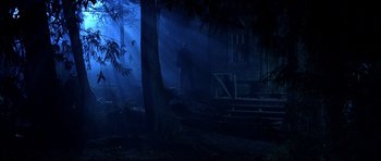 Movie still from “Freddy vs. Jason” (2003), directed by Ronny Yu – A person walking in the woods at night; Wide shot, Low angle