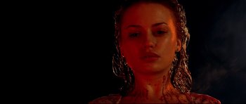 Movie still from “Freddy vs. Jason” (2003), directed by Ronny Yu – A woman with blood dripping down her face and neck; Close Up shot, Low angle