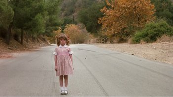 Movie still from “Freddy's Dead: The Final Nightmare” (1991), directed by Rachel Talalay – A little girl standing on the side of a road; Extreme Wide shot, High angle