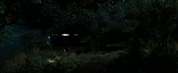Movie still from “Friday the 13th” (2009), directed by Marcus Nispel – A person walking in a field at night with a flashlight; Extreme Wide shot, High angle