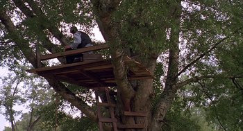 Movie still from “Fried Green Tomatoes” (1991), directed by Jon Avnet – A man sitting in a tree sitting on top of a wooden platform; Extreme Wide shot, Low angle
