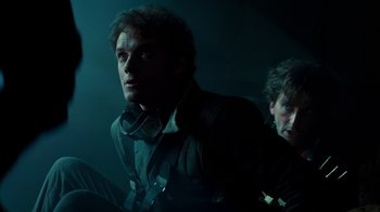 Movie still from “Fright Night” (2011), directed by Craig Gillespie – A man in a black jacket and a man in a blue jacket; Medium shot, Low angle