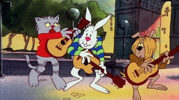 Movie still from “Fritz the Cat” (1972), directed by Ralph Bakshi – A group of cats and a bunny playing guitar; Wide shot, High angle