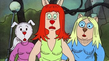 Movie still from “Fritz the Cat” (1972), directed by Ralph Bakshi – A group of cartoon characters with a woman in a bunny costume; Close Up shot, High angle