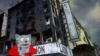 Movie still from “Fritz the Cat” (1972), directed by Ralph Bakshi – A cartoon of a cat standing next to a building; Wide shot, Low angle