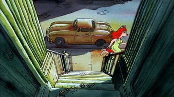 Movie still from “Fritz the Cat” (1972), directed by Ralph Bakshi – A woman climbing up a flight of stairs to get into a car; Wide shot, High angle