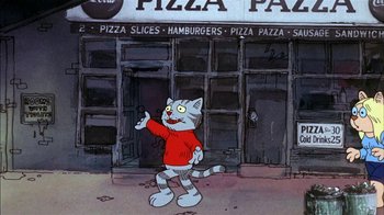 Movie still from “Fritz the Cat” (1972), directed by Ralph Bakshi – A cartoon of a cat standing in front of a pizza place; Wide shot, High angle