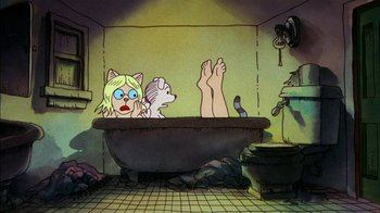 Movie still from “Fritz the Cat” (1972), directed by Ralph Bakshi – A cat and a woman in a bath tub; Wide shot, High angle