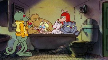 Movie still from “Fritz the Cat” (1972), directed by Ralph Bakshi – A group of cartoon characters sitting in a bath tub; Wide shot, High angle