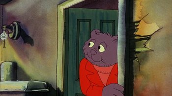 Movie still from “Fritz the Cat” (1972), directed by Ralph Bakshi – A cartoon of a purple bear looking out of a door; Medium shot, Over the shoulder angle
