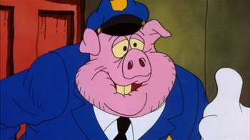 Movie still from “Fritz the Cat” (1972), directed by Ralph Bakshi – A cartoon pig wearing a police uniform; Close Up shot, High angle