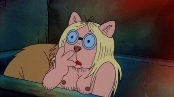 Movie still from “Fritz the Cat” (1972), directed by Ralph Bakshi – A cartoon of a cat with a blonde wig and blue glasses; Close Up shot, High angle