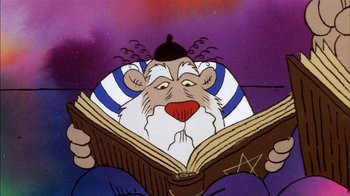 Movie still from “Fritz the Cat” (1972), directed by Ralph Bakshi – An animated character is reading a book; Medium shot, Low angle