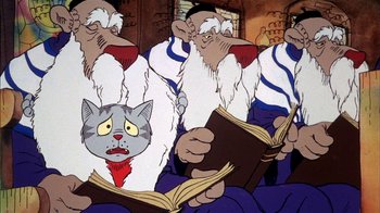 Movie still from “Fritz the Cat” (1972), directed by Ralph Bakshi – A group of old men with a cat on their heads; Medium shot, Low angle