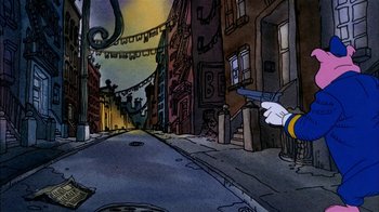 Movie still from “Fritz the Cat” (1972), directed by Ralph Bakshi – An animated picture of a street with buildings and buildings; Wide shot, High angle