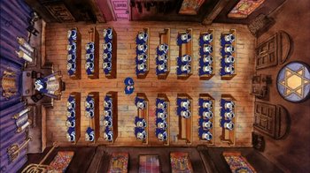Movie still from “Fritz the Cat” (1972), directed by Ralph Bakshi – An overhead view of a room filled with chairs and tables; Extreme Wide shot, Overhead angle