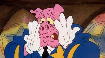 Movie still from “Fritz the Cat” (1972), directed by Ralph Bakshi – A cartoon character with his hands in front of his face; Close Up shot, Low angle