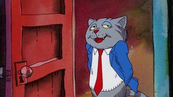 Movie still from “Fritz the Cat” (1972), directed by Ralph Bakshi – A cartoon of a cat wearing a suit and tie; Medium shot, Low angle