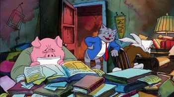 Movie still from “Fritz the Cat” (1972), directed by Ralph Bakshi – A pig and a cat are sitting on a bed in front of a pile of books; Wide shot, High angle