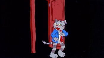 Movie still from “Fritz the Cat” (1972), directed by Ralph Bakshi – A cartoon cat wearing a tie standing next to an open door; Wide shot, High angle