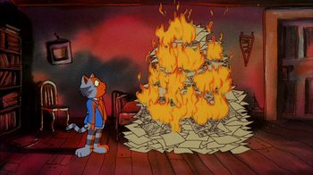 Movie still from “Fritz the Cat” (1972), directed by Ralph Bakshi – An animated scene of a cat standing in front of a pile of papers on fire; Wide shot, High angle