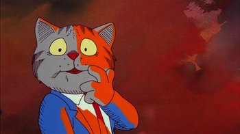 Movie still from “Fritz the Cat” (1972), directed by Ralph Bakshi – A cartoon of a cat wearing a suit and tie; Close Up shot, Low angle
