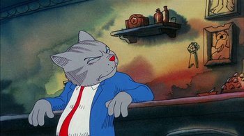 Movie still from “Fritz the Cat” (1972), directed by Ralph Bakshi – A cartoon of a cat wearing a suit and tie; Medium shot, Low angle