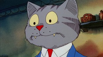 Movie still from “Fritz the Cat” (1972), directed by Ralph Bakshi – A cartoon cat's face with teeth; Close Up shot, Low angle