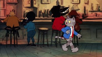 Movie still from “Fritz the Cat” (1972), directed by Ralph Bakshi – A cartoon of a cat wearing a suit and tie; Wide shot, Low angle