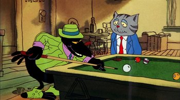 Movie still from “Fritz the Cat” (1972), directed by Ralph Bakshi – Two cats are playing billiards in a room; Medium shot, High angle