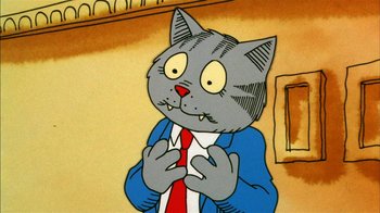 Movie still from “Fritz the Cat” (1972), directed by Ralph Bakshi – A cartoon of a cat wearing a suit and red tie; Close Up shot, High angle