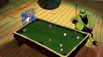 Movie still from “Fritz the Cat” (1972), directed by Ralph Bakshi – Two cats are playing a game of billiards; Wide shot, High angle