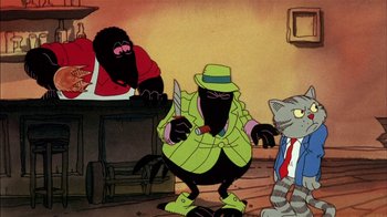 Movie still from “Fritz the Cat” (1972), directed by Ralph Bakshi – A group of cartoon characters are sitting in a room together; Wide shot, High angle