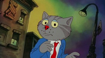 Movie still from “Fritz the Cat” (1972), directed by Ralph Bakshi – A cartoon of a cat wearing a suit and red tie; Close Up shot, High angle