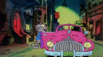 Movie still from “Fritz the Cat” (1972), directed by Ralph Bakshi – A cat standing in front of a pink car; Wide shot, High angle