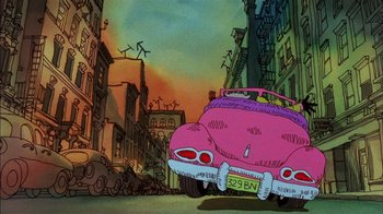 Movie still from “Fritz the Cat” (1972), directed by Ralph Bakshi – A pink car parked on the side of the street; Wide shot, Low angle